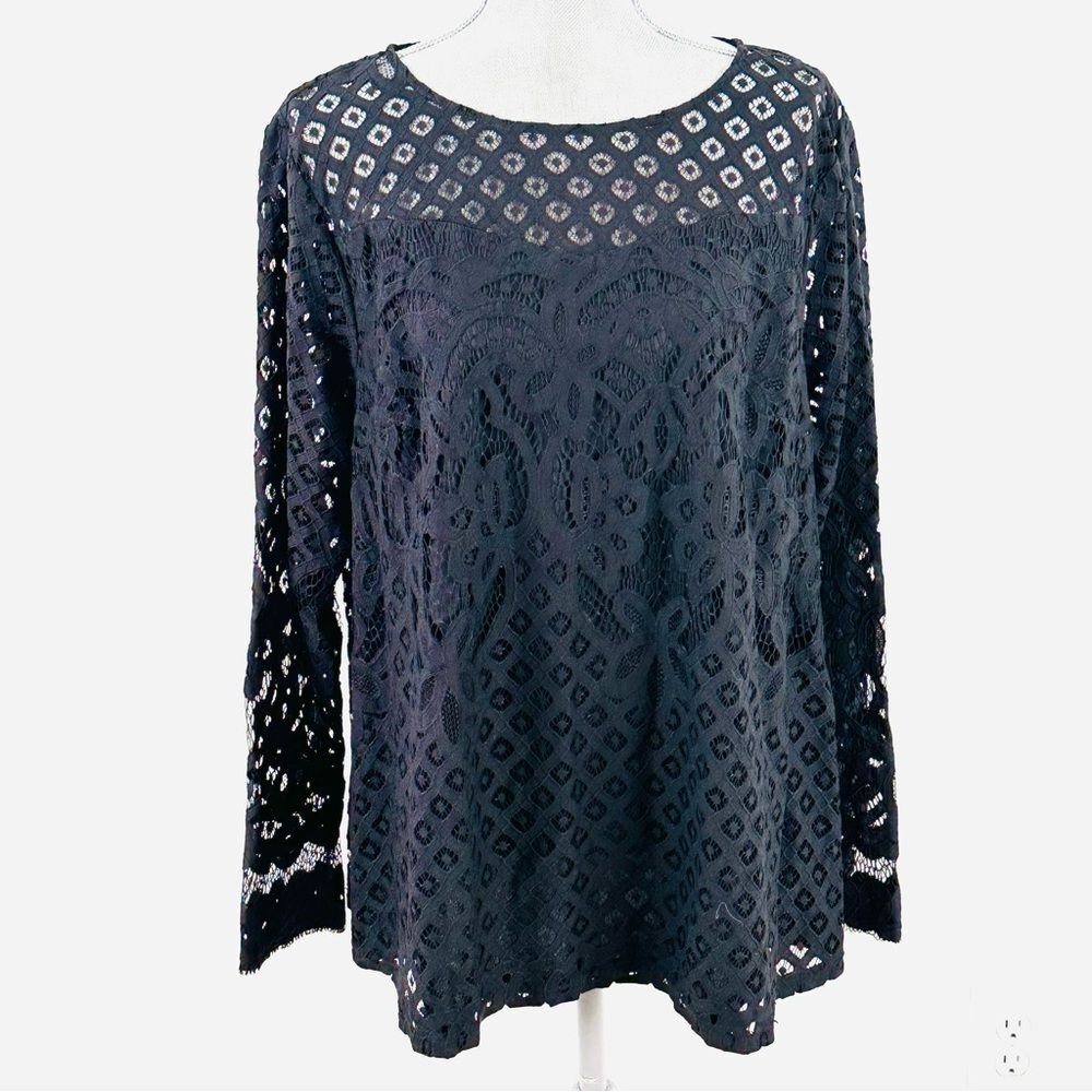 Lane Bryant Classic Black Lace Top SZ 18 Long Sleeve Sheer Overlay Blouse Lined